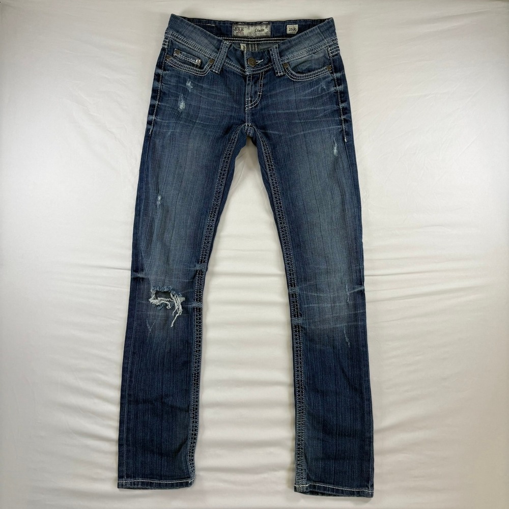 BKE Stella Straight Leg Jeans Womens 26R Blue Distressed Low Rise BPL1009‎